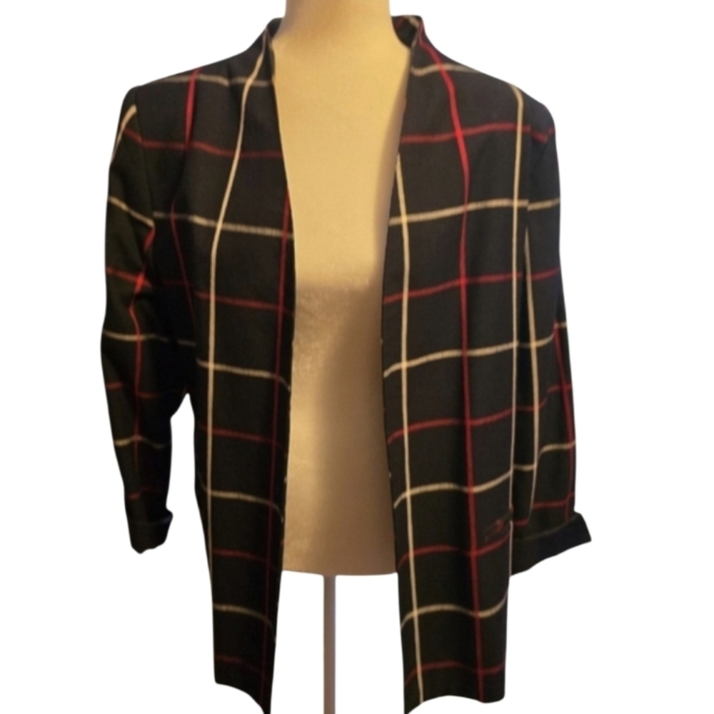 Vintage Devon Open Front Collerless Plaid Blazer Sz 12 in EUC